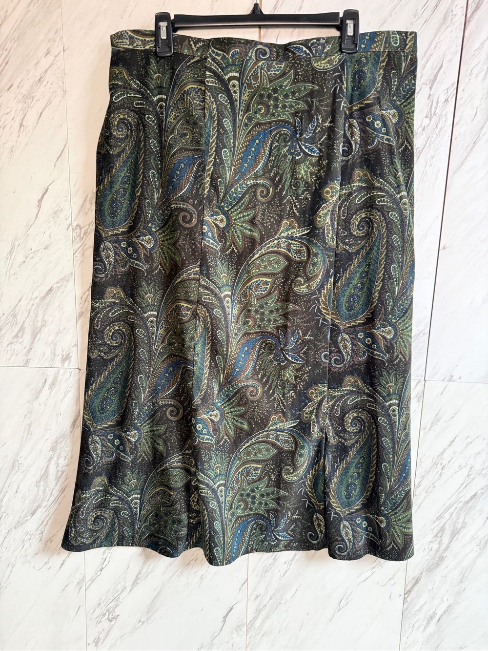 3/$50 Elementz Paisley Print Olive Green Blue A-Line Midi Skirt Womens Size XL